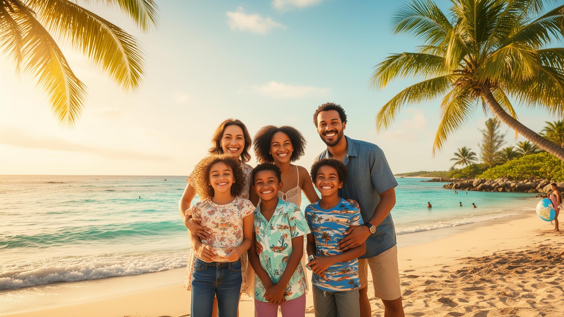 A happy family enjoying a tropical beach vacation
